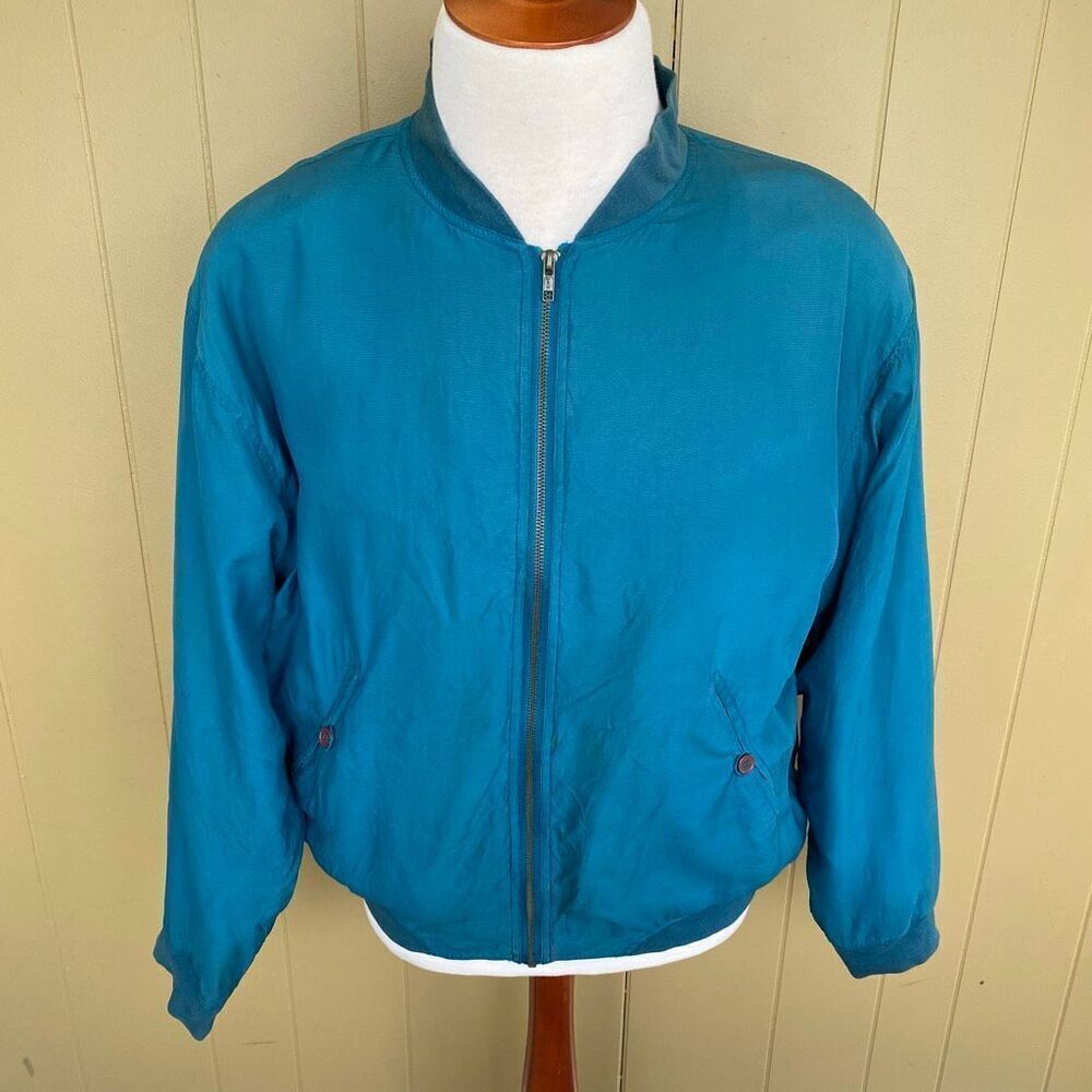 Visitor men L 100% Silk lightweight full zip vintage bomber jacket teal color